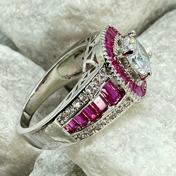 Lab Created Ruby Halo Ring 2.6 CT CZ Silver Tone Over Copper Sz 7.25 - Picture 9 of 17